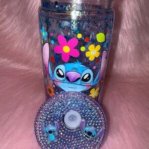 Stitch Floral Tumbler with Straw - Blue and Pink